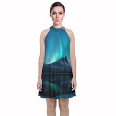 Aurora Borealis Mountain Reflection Velvet Halter Neckline Dress 