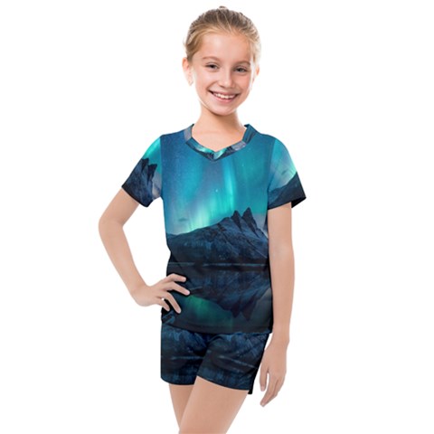 Aurora Borealis Mountain Reflection Kids  Mesh Tee And Shorts Set by B30l