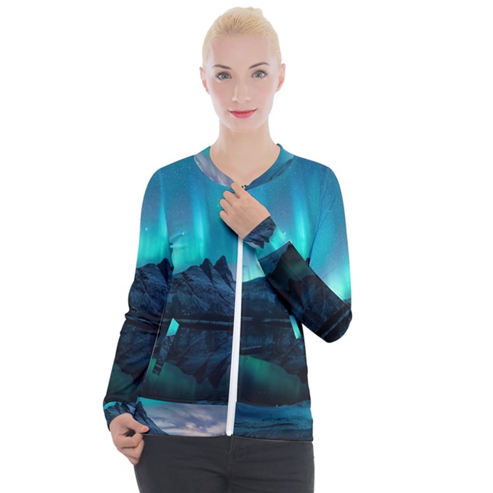 Aurora Borealis Mountain Reflection Casual Zip Up Jacket