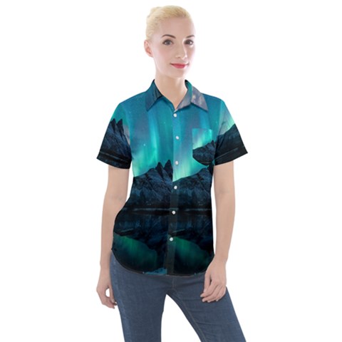 Aurora Borealis Mountain Reflection Women s Short Sleeve Pocket Shirt by B30l