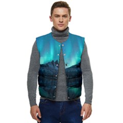 Aurora Borealis Mountain Reflection Men s Short Button Up Puffer Vest	