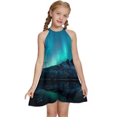 Aurora Borealis Mountain Reflection Kids  Halter Collar Waist Tie Chiffon Dress