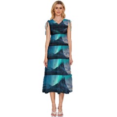 Aurora Borealis Mountain Reflection V-neck Drawstring Shoulder Sleeveless Maxi Dress by B30l