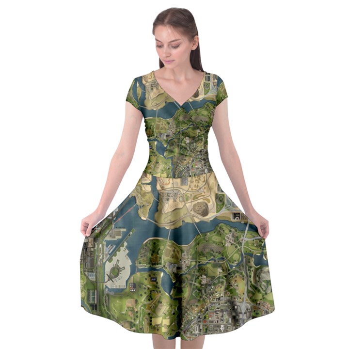 Map Illustration Gta Cap Sleeve Wrap Front Dress