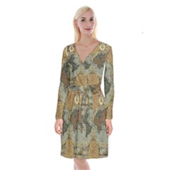 Vintage World Map Travel Geography Long Sleeve Velvet Front Wrap Dress by B30l