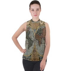 Vintage World Map Travel Geography Mock Neck Chiffon Sleeveless Top by B30l