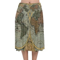 Vintage World Map Travel Geography Velvet Flared Midi Skirt