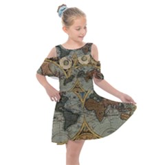 Vintage World Map Travel Geography Kids  Shoulder Cutout Chiffon Dress by B30l