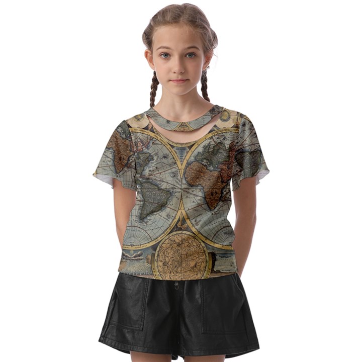 Vintage World Map Travel Geography Kids  Front Cut Tee