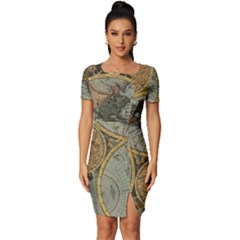 Vintage World Map Travel Geography Fitted Knot Split End Bodycon Dress