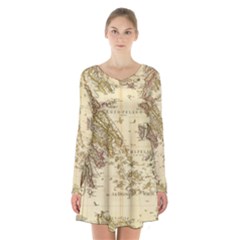 Map Of Greece Archipelago Long Sleeve Velvet V-neck Dress