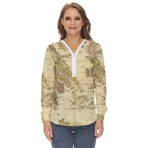 Map Of Greece Archipelago Zip Up Long Sleeve Blouse by B30l