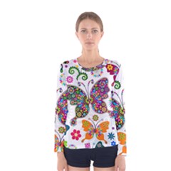 Butterflies Abstract Colorful Floral Flowers Vector Women s Long Sleeve Tee