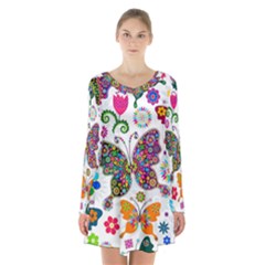 Butterflies Abstract Colorful Floral Flowers Vector Long Sleeve Velvet V-neck Dress