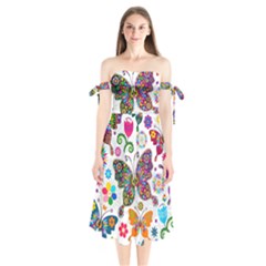 Butterflies Abstract Colorful Floral Flowers Vector Shoulder Tie Bardot Midi Dress by B30l