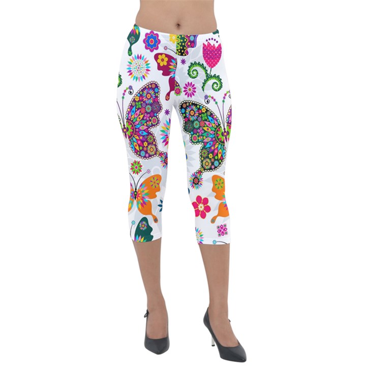 Butterflies Abstract Colorful Floral Flowers Vector Lightweight Velour Capri Leggings 