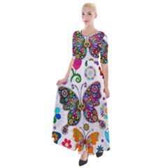 Butterflies Abstract Colorful Floral Flowers Vector Half Sleeves Maxi Dress