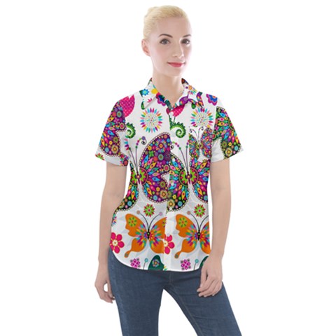 Butterflies Abstract Colorful Floral Flowers Vector Women s Short Sleeve Pocket Shirt by B30l