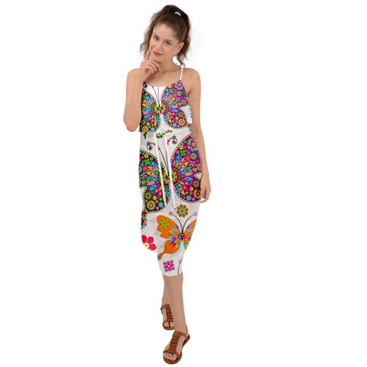 Butterflies Abstract Colorful Floral Flowers Vector Waist Tie Cover Up Chiffon Dress