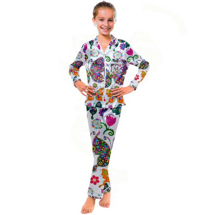 Butterflies Abstract Colorful Floral Flowers Vector Kids  Satin Long Sleeve Pajamas Set