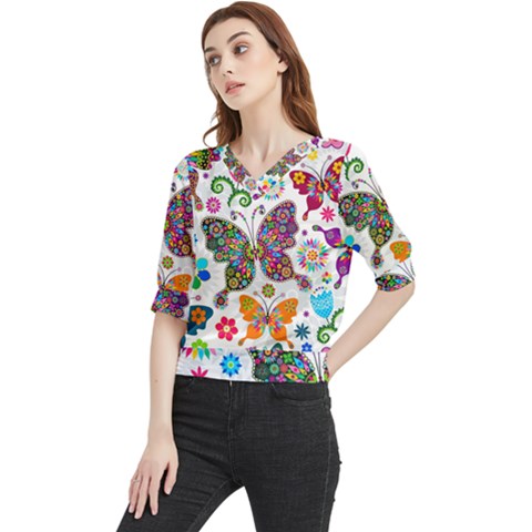 Butterflies Abstract Colorful Floral Flowers Vector Quarter Sleeve Blouse by B30l