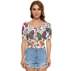 Butterflies Abstract Colorful Floral Flowers Vector Button Up Blouse