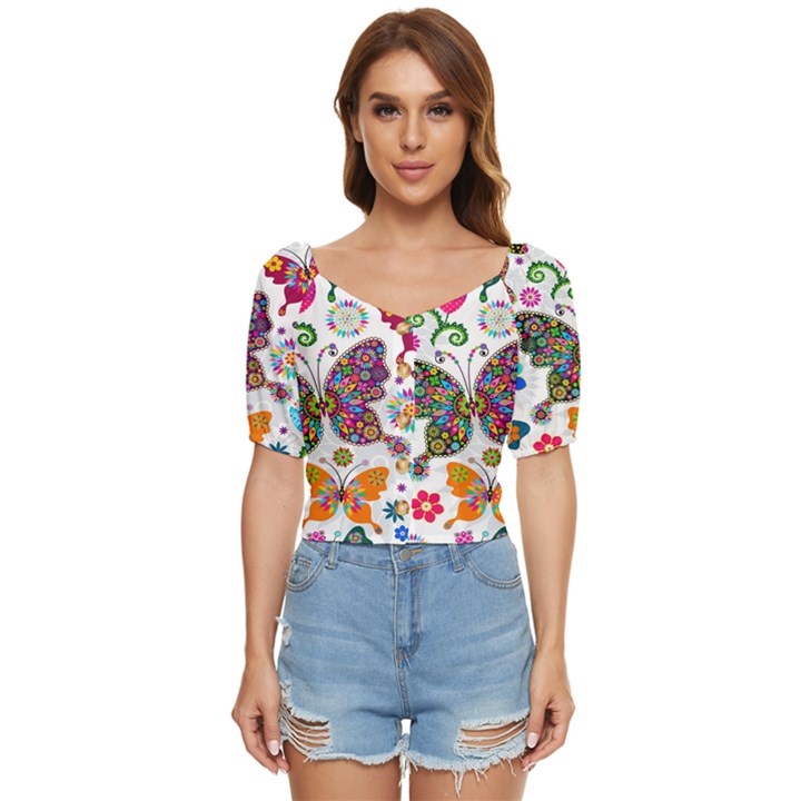 Butterflies Abstract Colorful Floral Flowers Vector Button up blouse