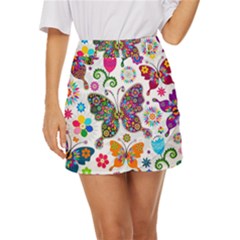 Butterflies Abstract Colorful Floral Flowers Vector Mini Front Wrap Skirt by B30l