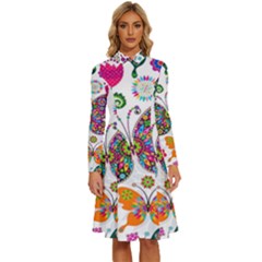 Butterflies Abstract Colorful Floral Flowers Vector Long Sleeve Shirt Collar A-line Dress by B30l