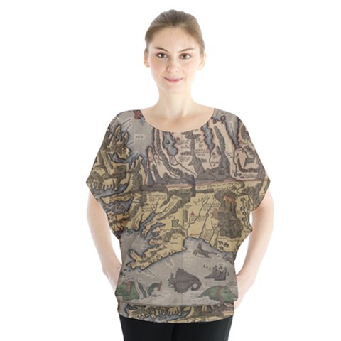 Iceland Cartography Map Renaissance Batwing Chiffon Blouse by B30l