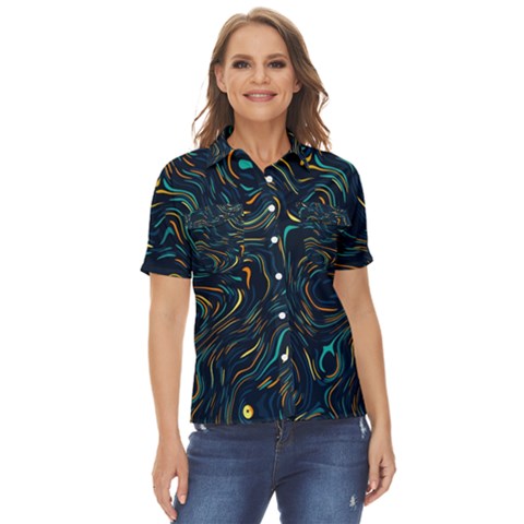 Colorful Abstract Pattern Creative Colorful Line Linear Background Women s Short Sleeve Double Pocket Shirt by B30l