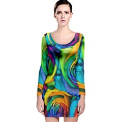 Colorful Roses Bouquet Rainbow Long Sleeve Velvet Bodycon Dress