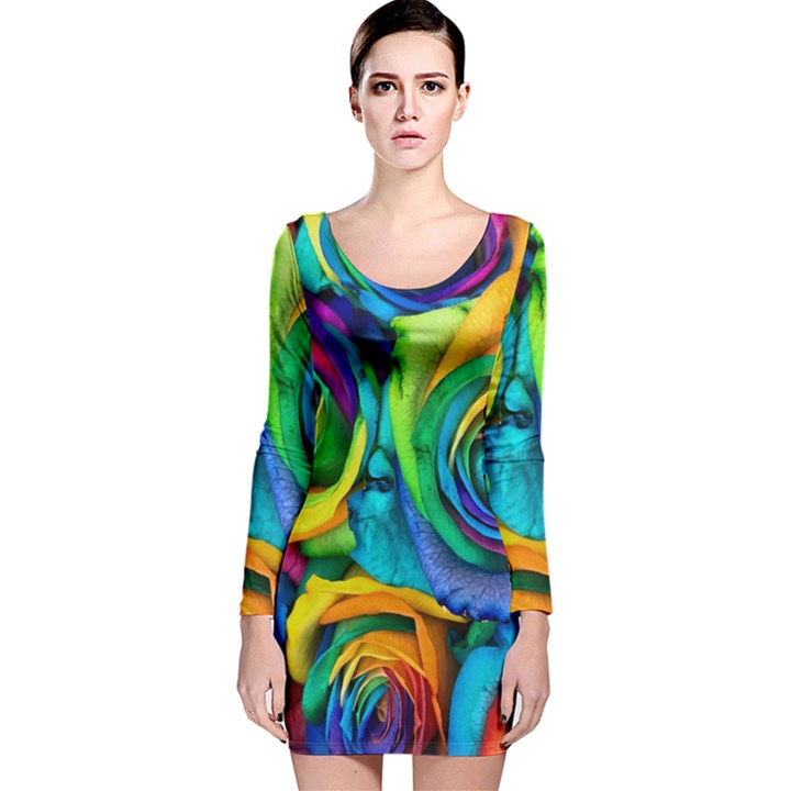 Colorful Roses Bouquet Rainbow Long Sleeve Velvet Bodycon Dress