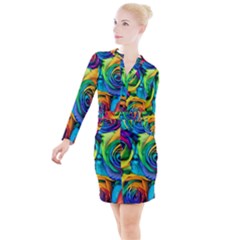 Colorful Roses Bouquet Rainbow Button Long Sleeve Dress by B30l