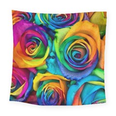 Colorful Roses Bouquet Rainbow Square Tapestry (large)