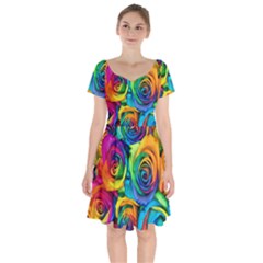 Colorful Roses Bouquet Rainbow Short Sleeve Bardot Dress by B30l