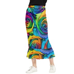 Colorful Roses Bouquet Rainbow Maxi Fishtail Chiffon Skirt by B30l