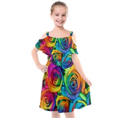 Colorful Roses Bouquet Rainbow Kids  Cut Out Shoulders Chiffon Dress by B30l