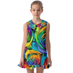 Colorful Roses Bouquet Rainbow Kids  Pilgrim Collar Ruffle Hem Dress by B30l