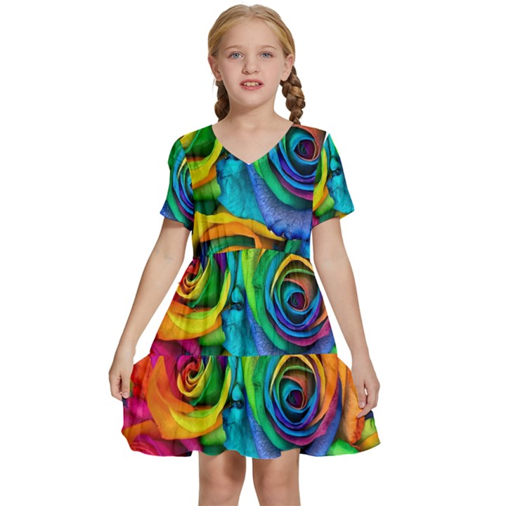 Colorful Roses Bouquet Rainbow Kids  Short Sleeve Tiered Mini Dress