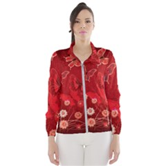 Four Red Butterflies With Flower Illustration Butterfly Flowers Women s Windbreaker