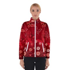 Four Red Butterflies With Flower Illustration Butterfly Flowers Women s Bomber Jacket