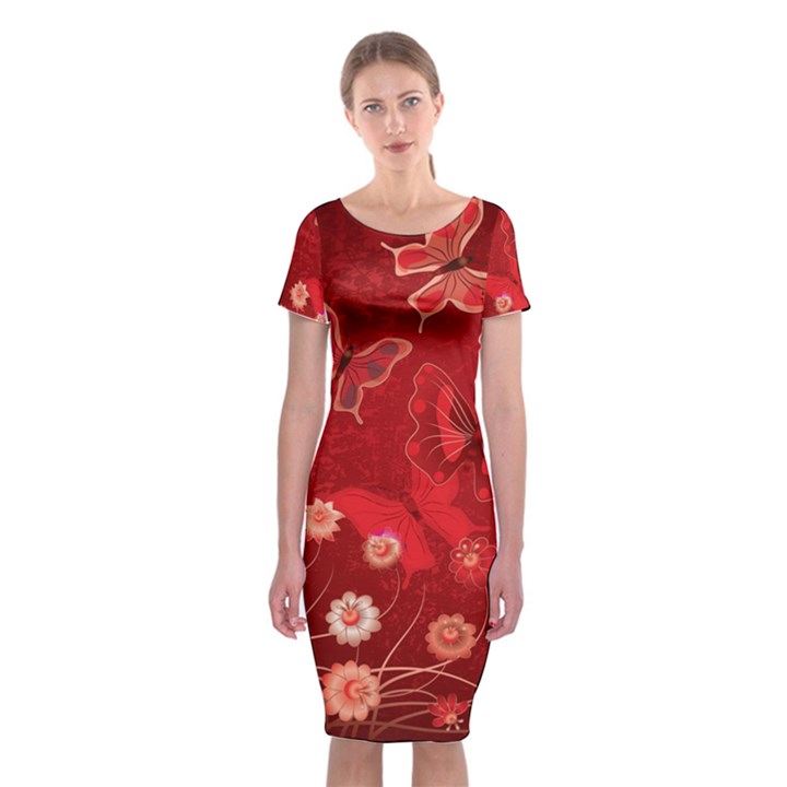 Four Red Butterflies With Flower Illustration Butterfly Flowers Classic Short Sleeve Midi Dress