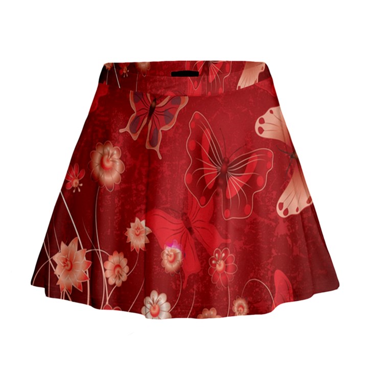 Four Red Butterflies With Flower Illustration Butterfly Flowers Mini Flare Skirt