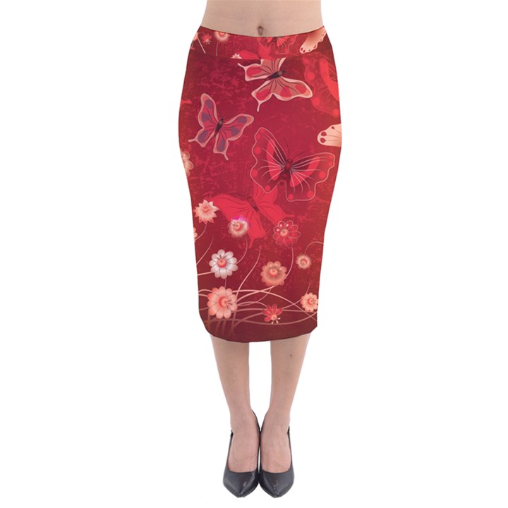 Four Red Butterflies With Flower Illustration Butterfly Flowers Velvet Midi Pencil Skirt