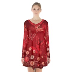 Four Red Butterflies With Flower Illustration Butterfly Flowers Long Sleeve Velvet V-neck Dress