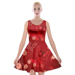 Four Red Butterflies With Flower Illustration Butterfly Flowers Velvet Skater Dress