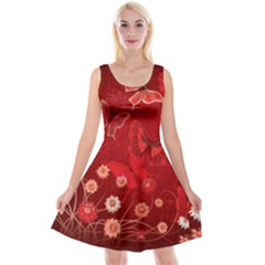 Four Red Butterflies With Flower Illustration Butterfly Flowers Reversible Velvet Sleeveless Dress