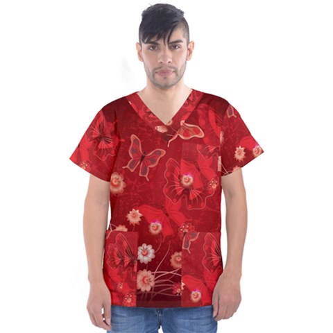 Four Red Butterflies With Flower Illustration Butterfly Flowers Men s V-neck Scrub Top by B30l