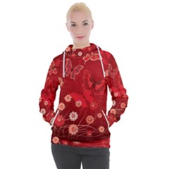 Four Red Butterflies With Flower Illustration Butterfly Flowers Women s Hooded Pullover